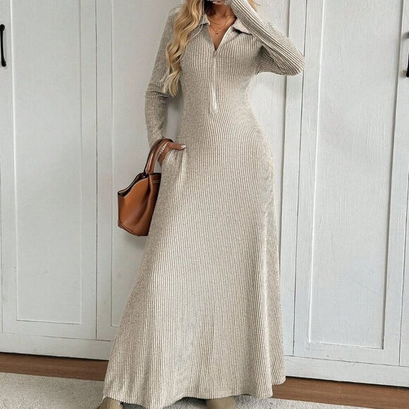 Dresses & Skirts - Dusty Pink Casual Women's Thermal Loose Maxi Zip Dress